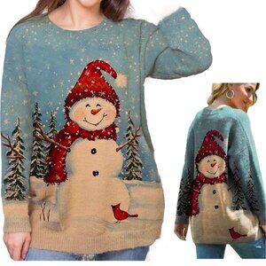 Christmas Snowman Sweater Cotton Wool Blend Winter Scene Sweater Size 2XL